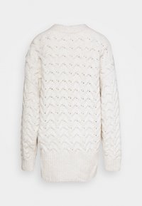 Maglione a maniche lunghe di colore bianco sporco in maglia, con motivo in pizzo a zigzag e orli, polsini e scollatura a girocollo a coste, visto da dietro.