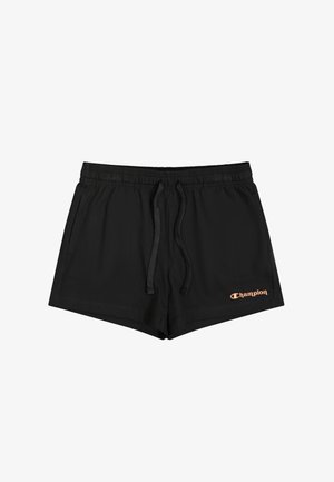 Pantalones cortos negros de tela suave con cintura elástica y cordón. Presenta un pequeño logo de Champion en naranja en la parte delantera.