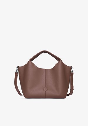 Rjava torbica iz usnja z teksturo s kratkim ročajem in odstranljivim dolgim trakom, s subtilnim osrednjim šivom in majhnim okroglim logotipom.