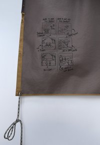 Jachetă din stofă gri cu accente maro, cu instrucțiuni desenate manual despre utilizarea și utilizarea greșită pentru activități precum picnicuri și concerte.