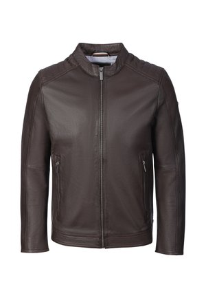 Dark brown leather jacket with front zipper, zippered side pockets, and a short stand-up collar.