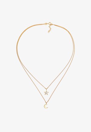 Goldfarbene Metall-Lagenkette mit einem Sternanhänger, der einen klaren Edelstein und einen Halbmondanhänger mit glatten Oberflächen enthält.