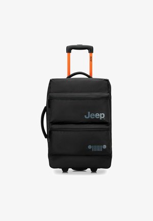 Valigia rigida nera con manico telescopico arancione, due cerniere frontali, logo Jeep e grafica iconica della griglia Jeep sul davanti.