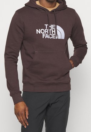 Mann trägt dunkelbraunen Hoodie mit weißem "The North Face"-Logo und schwarzen Hosen, Hand in der Kapuzen-Tasche, neutraler Hintergrund.