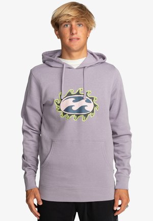 Light purple hoodie with a front kangaroo pocket. Features a graphic logo of waves in pink and blue, surrounded by a green swirl design.