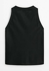 Sort ærmeløs top med en glat tekstur, rund hals og forstærkede ærmegab, designet til et minimalistisk look.