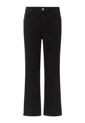 Schwarze, ausgestellt geschnittene Jeans aus Denim mit klassischem Fünf-Pocket-Design, Knopfverschluss vorne und einer glatten, strukturierten Oberfläche.