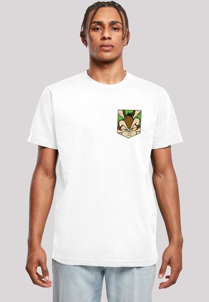 White cotton t-shirt featuring a graphic of a cartoon character's face on the left chest pocket area. Short sleeves, crew neck design.