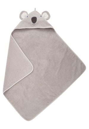 Blød grå babyhåndklæde med hætte, dekoreret med koalaface og ører på hætten, designet til at pakke spædbørn ind efter badet.