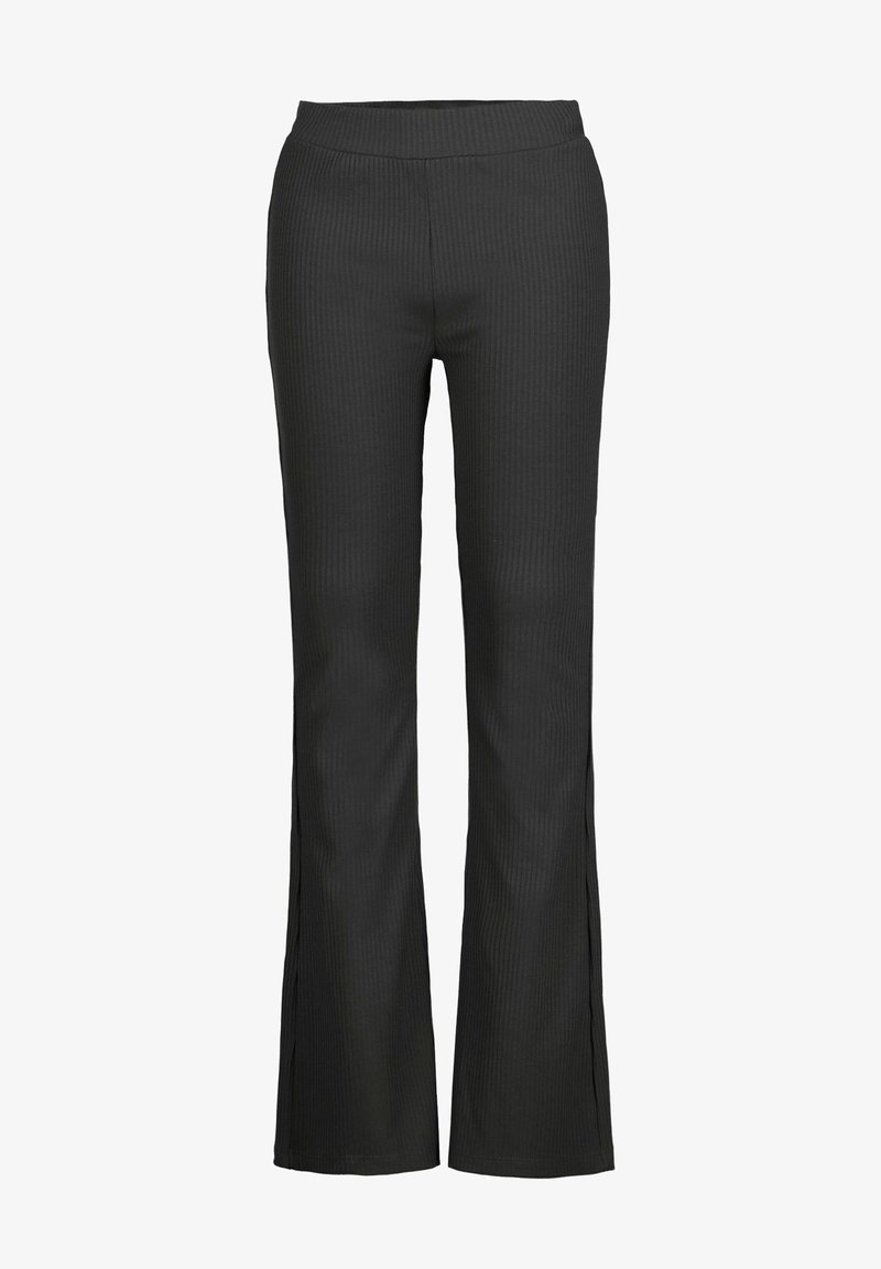Pantalon en maille côtelée noire avec taille élastique et jambes légèrement évasées, conçu pour le confort et une utilisation décontractée.