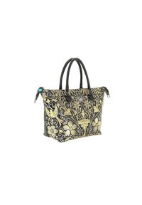 Borsa nera con motivo floreale e ricami dorati, dotata di due manici, chiusura con cerniera e decorazioni con uccelli e fiori.