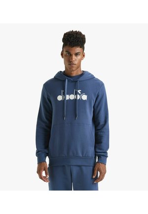 Felpa con cappuccio blu navy, dotata di tasca a marsupio, con stampa del logo bianco e cordini. Tessuto liscio e polsini a costine.