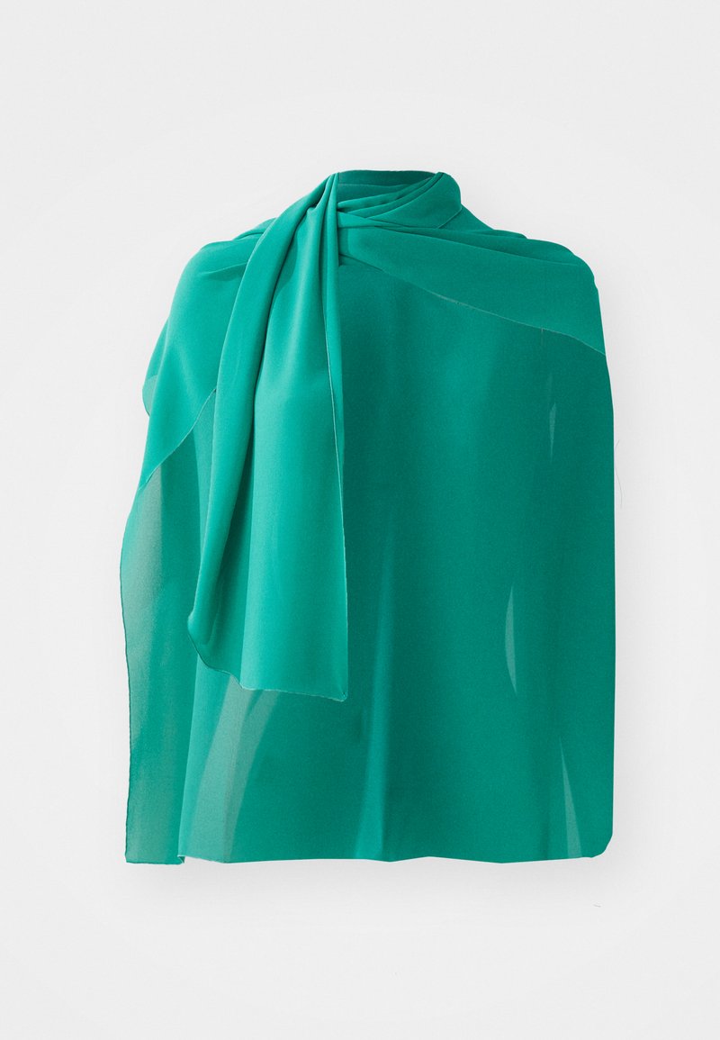 Turkis, gjennomsiktig chiffon-sjal med et flytende design, som har myke draperinger og en jevn tekstur. Lettvekts og allsidig for styling.