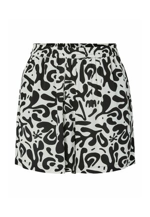 Pantaloncini larghi con vita elasticizzata e motivo astratto a graffi neri su tessuto bianco.