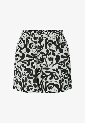 Pantaloncini larghi con vita elasticizzata e motivo astratto a graffi neri su tessuto bianco.