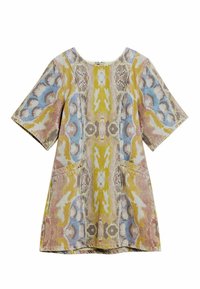 Haljina s kratkim rukavima od višebojnog, uzorkovanog platna u žutim, plavim i ružičastim nijansama, s okruglim izrezom oko vrata i dva džepa na prednjoj strani.
