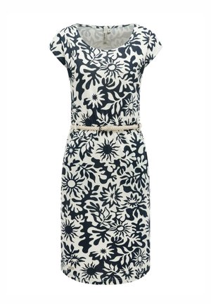 Biała sukienka do kolan z czarnymi abstrakcyjnymi kwiatowymi wzorami, krótkimi rękawami, okrągłym dekoltem i cienkim, plecionym paskiem w talii.