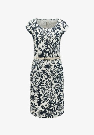 Witte jurk tot op de knie met zwarte abstracte bloemmotieven, korte mouwen, ronde halslijn en een dun gevlochten ceintuur in de taille.