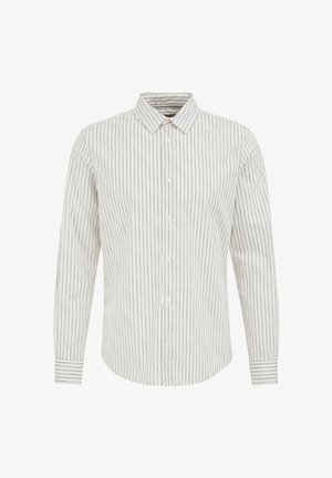 Bela dolga majica s širokimi modrimi črtami. Ima zapenjanje spredaj z gumbi, koničast ovratnik in zložljive manšete. Teksturirana tkanina.