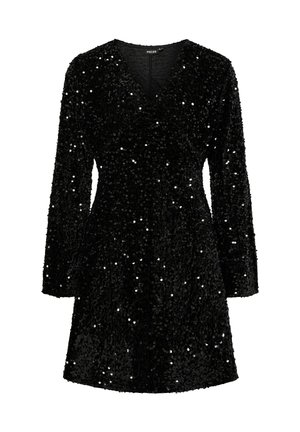 Must mustriga kleit V-kaelusega, pikkade varrukatega ja laia lõikega. Omab rohkelt peegeldavaid mustriga sädelusi, et lisada tekstuuri ja sära.