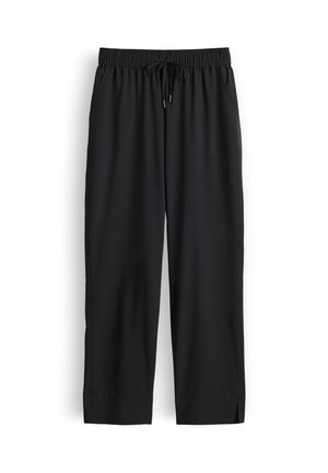 Zwarte casual broek met elastische tailleband en trekkoord, rechte pijpen en zijzakken, weergegeven op een witte achtergrond.