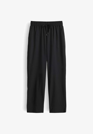 Zwarte casual broek met elastische tailleband en trekkoord, rechte pijpen en zijzakken, weergegeven op een witte achtergrond.