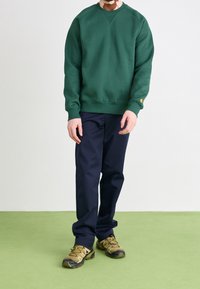 Groene katoenen sweatshirt met een V-hals en geribbelde manchetten, gecombineerd met marineblauwe broek. Schoeisel is beige en zwarte wandelschoenen.