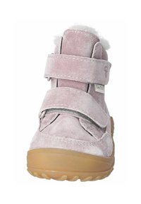Stivaletto per bambini in suede rosa con due cinturini regolabili in Velcro e suola in gomma. Presenta un morbido colletto in finta pelliccia bianca nella parte superiore.