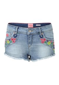 Denimové kraťasy s barevným květinovým vyšíváním na přední straně, třepeným lemem a středním pasem. Světle modré barvy s klasickým designem.