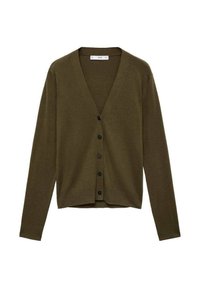 Olive green cardigan made of soft fabric, featuring a v-neck, long sleeves, and six black buttons down the front. No patterns or accents.