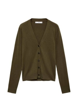 Olive green cardigan made of soft fabric, featuring a v-neck, long sleeves, and six black buttons down the front. No patterns or accents.