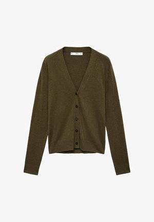 Olive green cardigan made of soft fabric, featuring a v-neck, long sleeves, and six black buttons down the front. No patterns or accents.