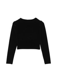 Maglietta nera a maniche lunghe cropped realizzata in velluto, con scollo rotondo e una texture liscia senza motivi visibili o dettagli in metallo.