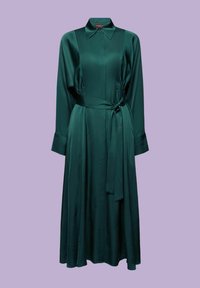 Robe longue en satin vert avec un col, un devant boutonné et une taille nouée. Elle présente des manches longues et une jupe fluide, au toucher lisse.