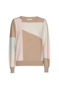 Rondehalstrui in een mix van lichtroze, beige en grijze tinten. Voert geometrische kleurvlakken en ribbelmanchetten met een zachte textuur.
