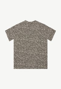 Beige en zwarte T-shirt met luipaardprint en korte mouwen, met een relaxed fit en zachte stoftextuur. De achteraanzicht toont een gelijkmatige patroonverdeling.
