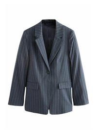 Tmavě šedý pruhovaný blazer s klopovým límcem, zapínáním na jeden knoflík a dvěma předními kapsami. Vyrobený z hladké tkaniny se strukturovaným tvarem.