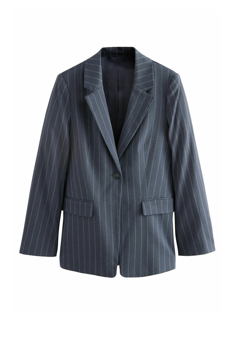 Tmavě šedý pruhovaný blazer s klopovým límcem, zapínáním na jeden knoflík a dvěma předními kapsami. Vyrobený z hladké tkaniny se strukturovaným tvarem.