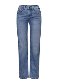 Vaqueros de mezclilla azul claro de corte recto, con cierre frontal de botón y cremallera, diseño de cinco bolsillos y detalles sutiles desgastados.