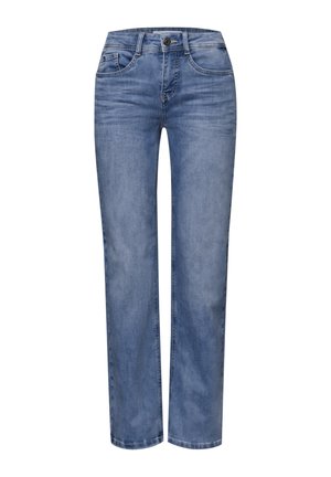 Jean en denim bleu clair à jambe droite, avec fermeture avant par bouton et zip, design à cinq poches, et détails légèrement délavés.