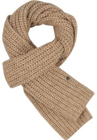 Sciarpa in maglia beige con un motivo testurizzato, caratterizzata da un design attorcigliato e un piccolo logo metallico. Materiale morbido, aspetto caldo.