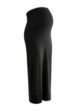 Zwarte zwangerschapsrok met een rekbare tailleband, knielengte ontwerp en zachte, gladde textuur. Eenvoudig en veelzijdig zonder patronen of versieringen.