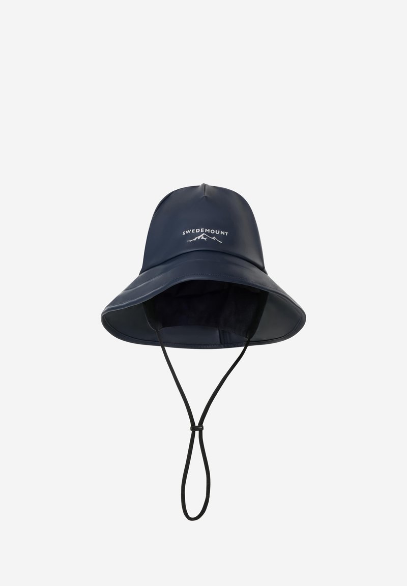 Bob bleu foncé à large bord avec mentonnière et logo ""Swedemount"" avec motif de montagne à l'avant.