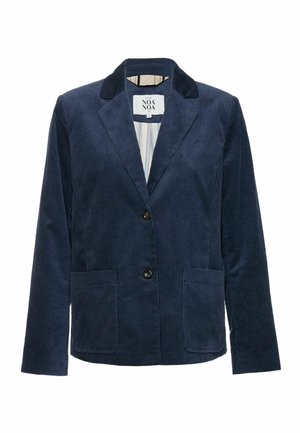 Tmavomodrý manšestrový blejzer s výstrihem s výrezom, dvoma vreckami vpredu, zapínaním na jeden gombík a pásikovanou vnútornou podšívkou. Textúrovaný povrch.