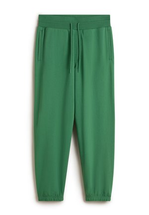 Green sweatpants with a drawstring waistband, two side pockets, and elastic cuffs at the ankles. Smooth fabric with a matte finish.