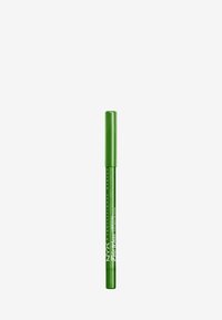 Matita eyeliner verde con finitura liscia. Il design include un meccanismo a torsione e un cappuccio verde coordinato. Il testo sul corpo indica il marchio.