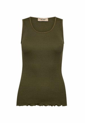 Olivgrünes, geripptes Tanktop mit rundem Ausschnitt, elementiert durch einen gewellten Saum und ein enges Design. Hergestellt aus einem weichen, elastischen Stoff.