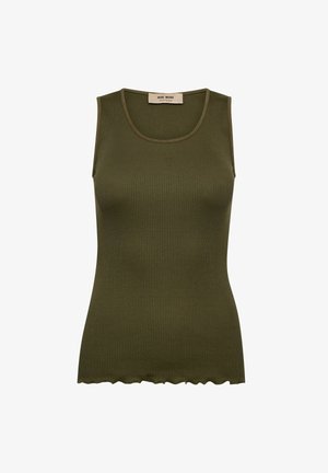 Olive green ribbed tank top with a round neckline, featuring a scalloped hem and a fitted design. Made from a soft, stretchy fabric.