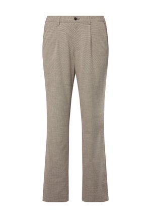Helle beige maßgeschneiderte Hose mit einem subtilen strukturierten Muster, geradem Schnitt und vorderen Falten. Mit einem Knopf am Bund befestigt.
