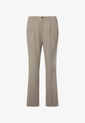 Pantalons ajustés beige clair avec un motif texturé subtil, design à jambe droite et plis à l'avant. Fermés par un bouton au niveau de la taille.